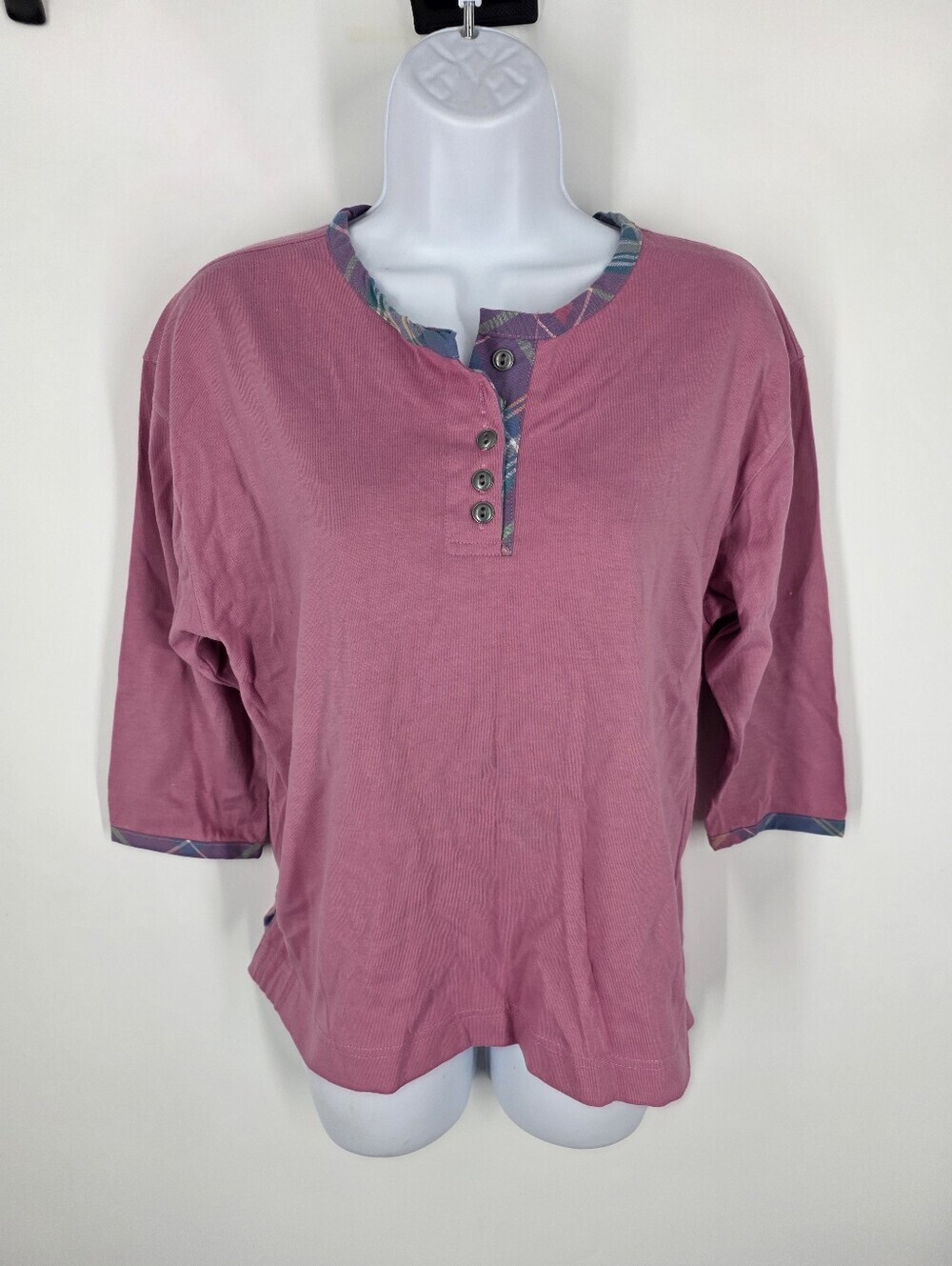 Jantzen Vintage Grandmacore Plaid Trim Henley Shirt Mauve Pink 3/4 Sleeve M